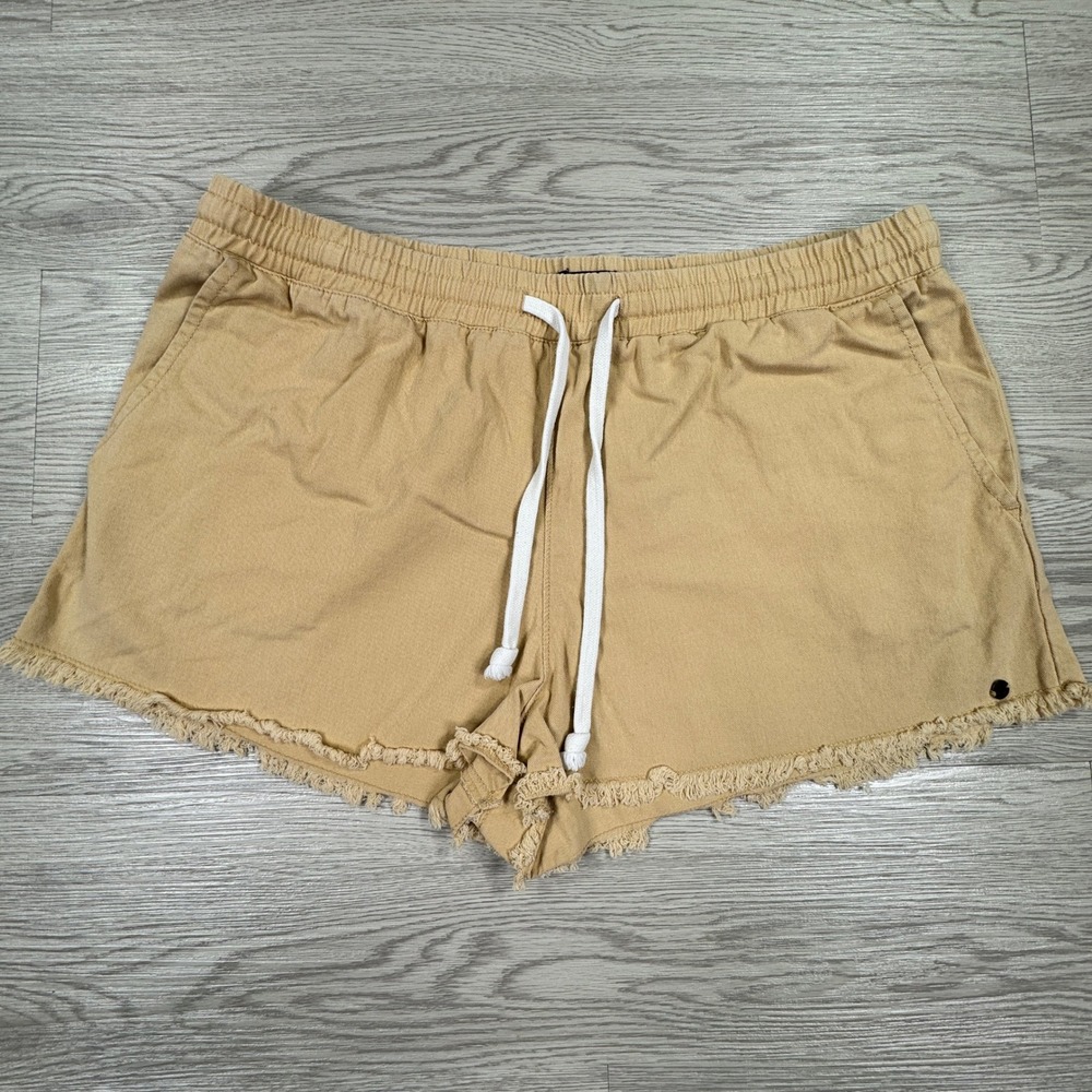 Volcom Women's Shorts Tan Khaki Large (10) Elastic Waist Drawstring Frayed Hem